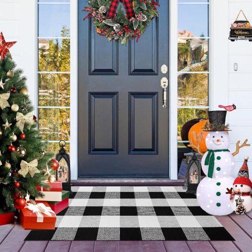 Buffalo Plaid Outdoor Rug 2x3 Cotton Woven Black and White Checkered Rug Washable Front Porch Fall Layered Door Mats Carpet for Indoor Outdoor Entryway Farmhouse Decor
