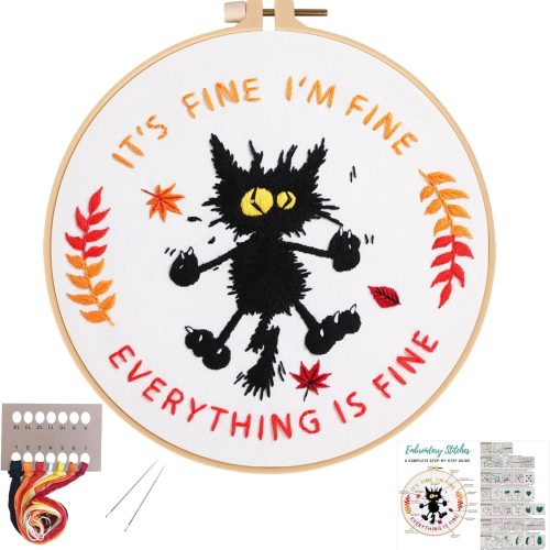 Cute Cat Embroidery Kits for Beginners with Funny Animal Pattern,Adults Starter Cross Stitch Kit DIY Needlepoint Everything is Fine