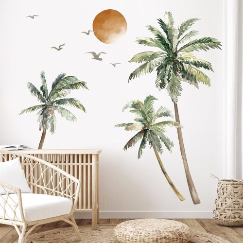 Boho Palm Tree Wall Stickers Large Tropical Tree Sunset Peel and Stick Wall Art Decals for Living Room Bedroom TV Background (H: 63.8 inch)