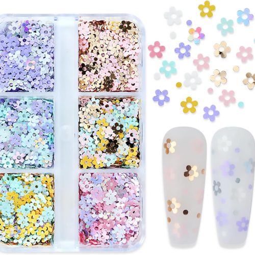 6 Grids Colorful Flowers Nail Art Glitter Sequins Spring Holographic Floral Designs Nail Glitter Flake for Acrylic Nails Sparkly Confetti Nail Supplies for Women Manicure Tip Decorations Accessories