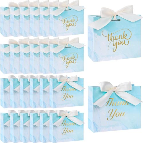 Thank You Gift Bags, Light Blue Party Favor Bags with Gold Lettering and Bow Ribbon, 24 Pack, for Wedding Bridal Baby Shower Birthday