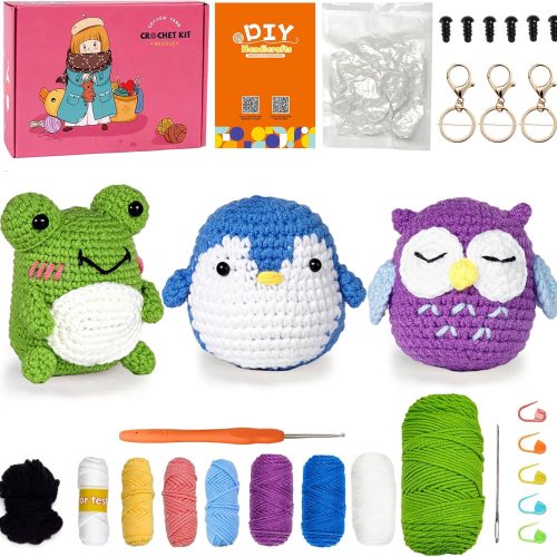 Crochet Kit for Beginners, 3 Pattern Animals-Owl, Penguin, Frog, Knitting Kit for Adult Kids with Step-by-Step Video Tutorials and Yarns, Hook, Accessories