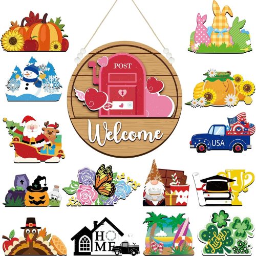 16 Pcs Valentines Interchangeable Seasonal Welcome Sign Interchangeable Front Door Decor Farmhouse Outdoor Welcome Signs for Valentines Easter Irish Holiday Decor(White Word, Wood Back)