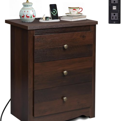 1 Tall Nightstand with Charging Station, Wood Nightstand with 3 Drawers, Bedside Tables Bedroom, Dorm, End Table with 2 USB Ports and 2 AC Outlets, Bedside Table, Espresso | with 3 Drawers, Bedroom, Dorm, with 2 USB Ports, 2 AC Outlets