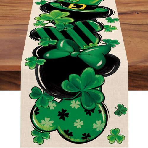 St. Patrick's Day Table Runner, Shamrock Clover Top Hat Stripes Ladybug Kitchen Dining Table Decor, Irish Spring Home Decoration Indoor Outdoor Party Supply 13 x 72 Inches