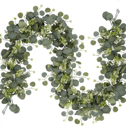 1 2Packs 5.7FT Eucalyptus Garland Faux Silver Dollar Eucalyptus Leaves Greenery Artificial Garland Artificial Faux Greenery Vines for Wedding Party Arch Table Runner Room Home Mantle Decor