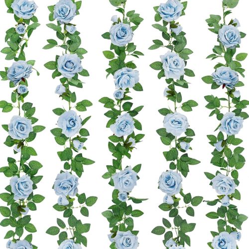 1 5Pcs 32.5FT Blue Flower Garland Fake Flower Vines Faux Artificial Floral Garland Hanging Rose Ivy for Wedding Decortions Arch Garden Ceremony Background Outdoor Wall Decor