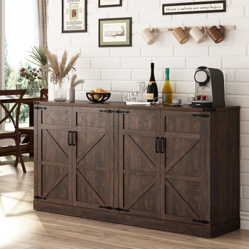 1 Sideboard Buffet Cabinet with Storage - 65 Inch Farmhouse Kitchen Pantries Sideboard Cabinets with Adjustable Shelves, Wooden Coffee Bar Cabinet Buffet Table for Kitchen, Dining Room, Brown