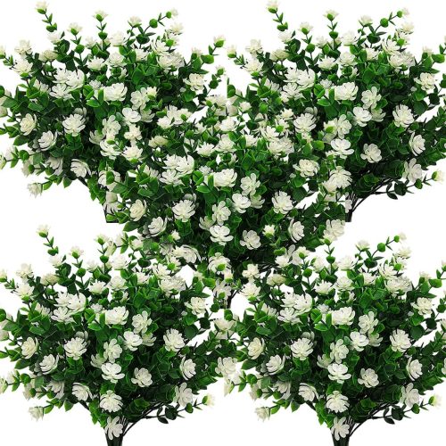 1 10 Bundles Artificial Fake Flowers, Faux Outdoor Plastic Plants UV Resistant Shrubs Outside Indoor Decorations (White-Eucalyptus)