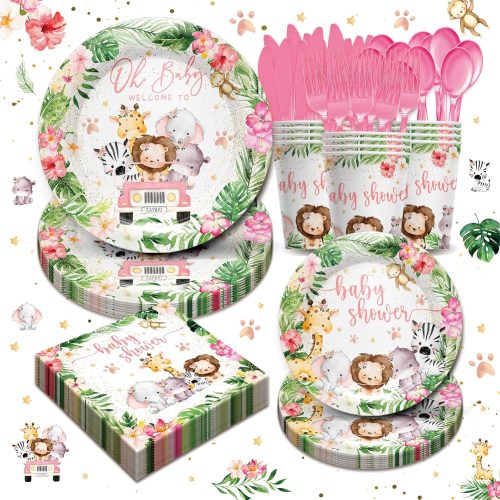 1 Safari Birthday Supplies Tableware Girl - Safari Jungle Baby Shower Party Decorations Include Plates, Cups, Napkins, Tableware, Wild Birthday Baby Shower Decorations | 24 Guests