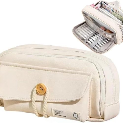 Simple Style Cotton Rope Pencil Holder - Large Capacity Multi-layered Pencil Case Organizer, Aesthetic Minimalist Fabric Pen Pouch with Zipper, Durable Eco-Friendly Pen Pouch Bag (Beige)