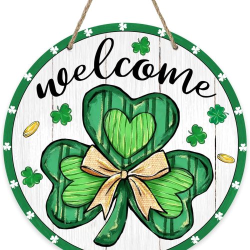 Welcome St. Patrick's Day Clover Front Door Sign, Shamrock Farmhouse Wood Door Hanger Outdoor Outside Porch Decor, Spring Irish Gold Coins Wooden Wreath Indoor Wall Hanging Decoration