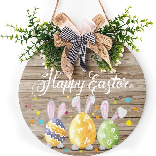 Happy Easter Wooden Hanging Sign Colorful Eggs Bunny Sign Door Decoration Rustic Easter Wood Wreath Sign for Spring Holiday Front Door Wall Rustic Farmhouse Porch Decor 12 x 12 Inch