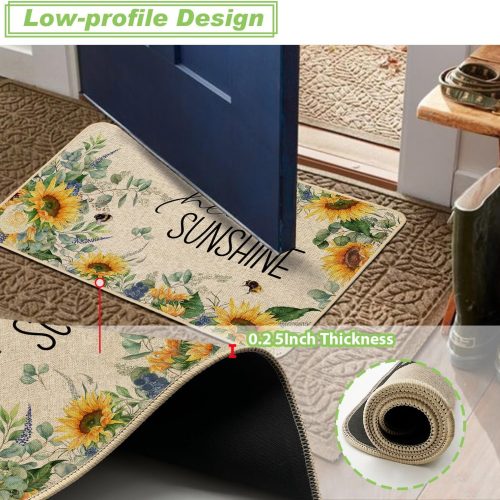 1 Summer Kitchen Mats Set of 2, Sunflower Floral Bee Kitchen Rugs for Floor Non Slip Absorbent Low-Profile Seasonal Farmhouse Home Decor 17x29 and 17x47 Inch