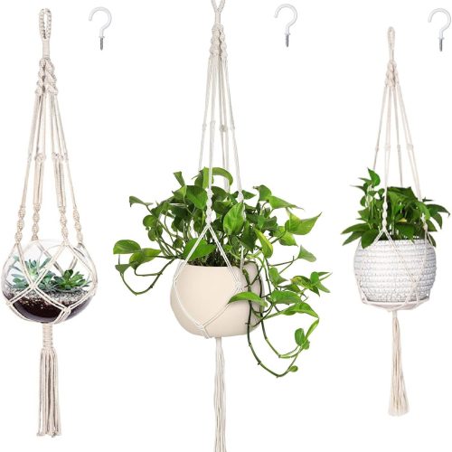 1 3 Pack Macrame Plant Hanger Indoor Hanging Planter for Plants Holder with 3 Hooks,46"/41"/34" Size for Boho Home Decor,Ivory(POTS NOT Included)