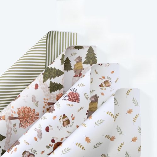 12 Sheets Vintage Animal Wrapping Paper Woodland Baby Shower Giftwrap with 20 Tags 4 Designs Fox Squirrel Forest Enchanted Theme Wrap Paper for Kids Birthday and Holiday Gifts