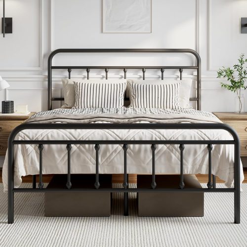 Metal Full Size Bed Frame - Modern Minimalist Victorian Style with Headboard/Footboard, Heavy-Duty Steel Slats/Underbed Storage/No Box Spring Needed/Easy Assembly/Noise Free/Black