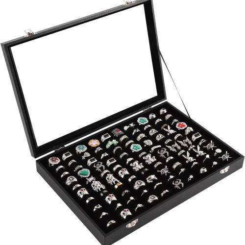 100 Slots Ring Case Organizer Display Box,Rings Holder Storage Boxes for Jewelry Showcase with Glass Lid (Black Velvet).