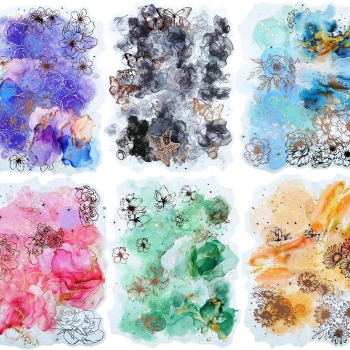 Watercolor Floral PET Sticker Set, 60PCS Gold Foil Flower Stickers for Scrapbooking, Journaling, DIY Crafts, Decorative Collage, Planner, and Art Supplies