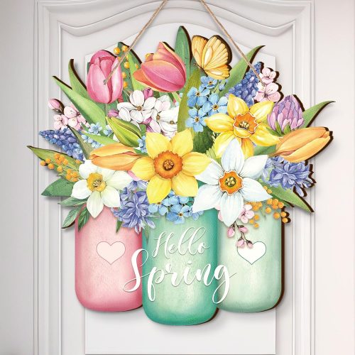 Spring Flower Door Sign Spring Decorations for Front Door Hello Spring Welcome Sign with Jar Colorful Wooden Spring Hanging Decorations for Home Indoor Outdoor Farmhouse Porch Decor