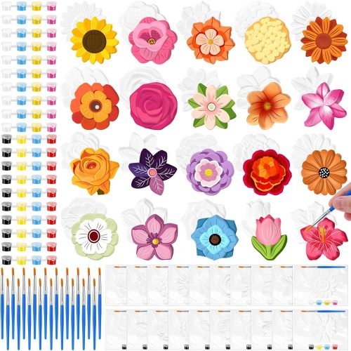 20 Set Flower DIY Painting Kit Ceramic to Paint Your Own Statues Unpainted Plaster Figurines Brushes Acrylic Paints Bags Party Favor for Adults