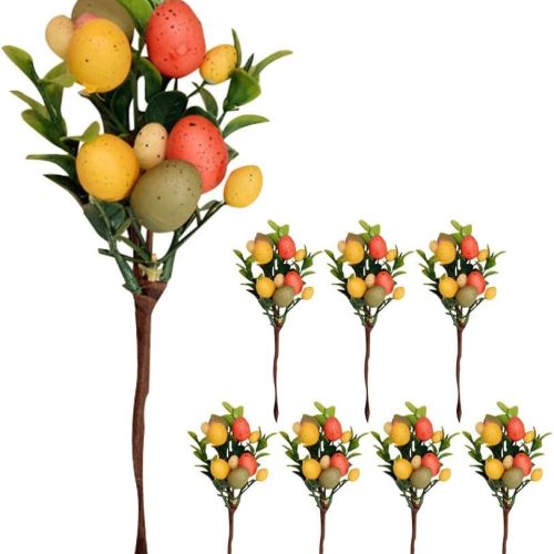 8pcs Easter Egg Picks: Easter Egg Tree Branches Artificial Stems Floral Picks Stems with Green Leaves for Home Living Room Decor Vase Table Centerpieces