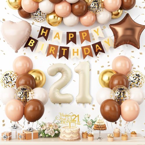 21st Birthday Decorations Brown Gold,21st Birthday Balloon Number 21 Foil Balloon Happy Birthday Banner with Star Heart Balloons Cake Topper for Girl Boy 21 Party Decoration