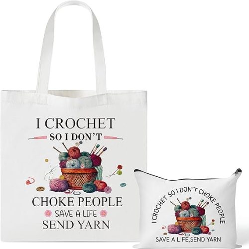 1 Crochet Canvas Tote Bag - 2Pcs Cosmetic Pouch Tote Bag Reusable Grocery Folding Shopping Bag for Crocheters Women