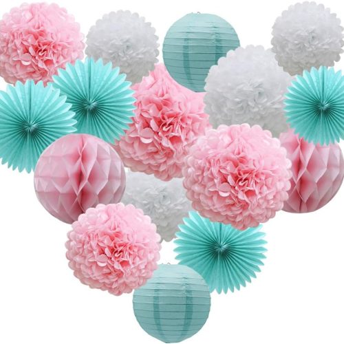 1 Teal Party Supplies for Bridal Baby Shower First Birthday Party Wedding Decorations (16pcs) Paper Honeycomb Ball Pom Poms Flowers Paper Lanterns Hanging Tissue Fan
