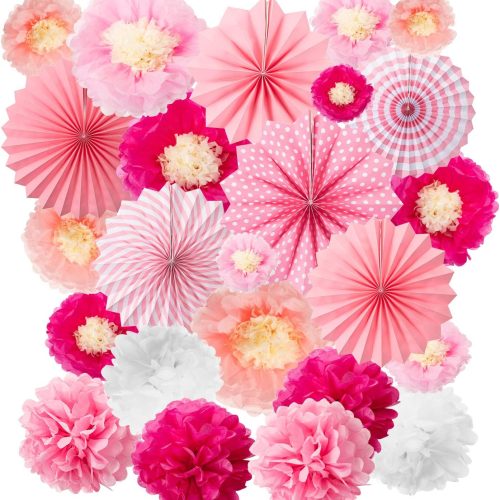 1 24 Pcs Paper Fans Decoration Set, Including 12 Tissue Flowers, 6 Hanging Fans Garlands Decoration, 6 Paper Poms Ball Decor Flowers Kit for Valentine's Day Wedding Birthday(Rose Pink)