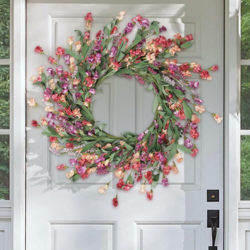 1 Front Door Wreath 24 Inch Spring/Summer Wreaths for Front Door, Front Door Wreaths for All Seasons for Indoor Outdoor Home Office Wall Window Wedding Farmhouse Decor (Red&Orange&Purple)
