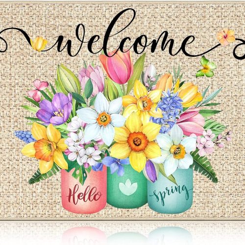 1 Spring Welcome Mats Hello Spring Floral Door Mat Colorful Tulip Flower Rug Indoor Entrance Cute Decorative Outdoor Doormats Non Slip Outside Rug for Front Door, 16" x 28"