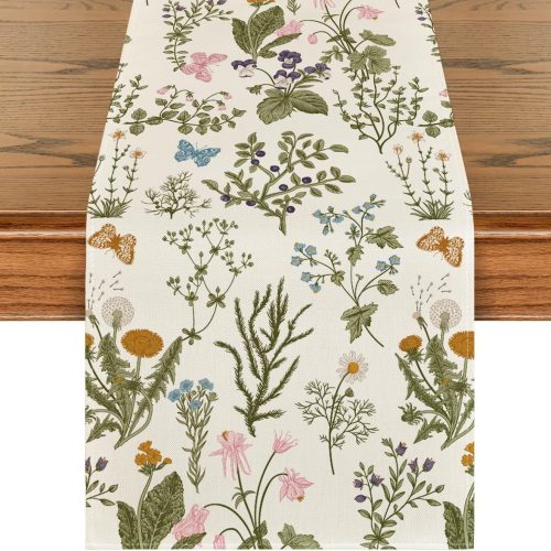 1 Wildflowers Floral Spring Table Runner, Seasonal Summer Butterfly Kitchen Dining Table Decoration for Home Party 13x72 Inch