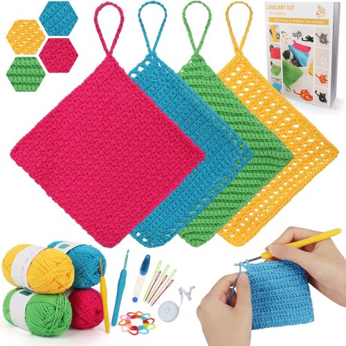 1 Crochet Kit for Beginner Adults, Dishcloth Beginner Crochet Kit for Adults Learn to Crochet, Crochet Starter Kit Contain Detail Instruction Soft Yarn and Crochet Hook Supplies