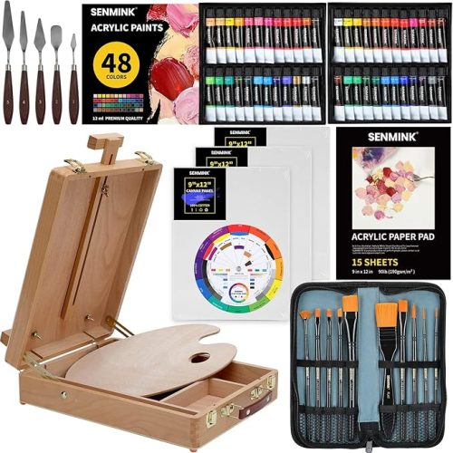 1 69 Pcs Artists Painting Set with Wood Box Easel,48×12ML Acrylic Painting Set, Canvas 9x12 inches, Wood Palette, Palette Knife Art Supplies, Paint Set for Adults Beginners