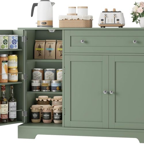 1 Buffet Cabinet with Storage, Modern Sideboard Buffet with Doors, Wood Coffee Bar Kitchen Storage Cabinet with Drawer and Adjustable Shelf for Kitchen, Dining Room, Living Room, Green