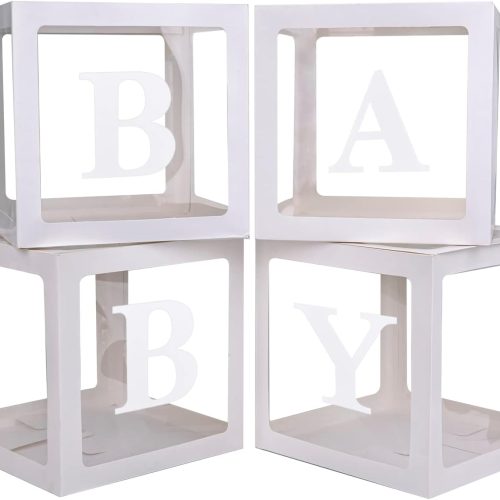1 Baby Boxes with 4 PCS Letters for Baby Shower White Clear Balloon Box Blocks Gender Reveal Decorations and Birthday Party (White)