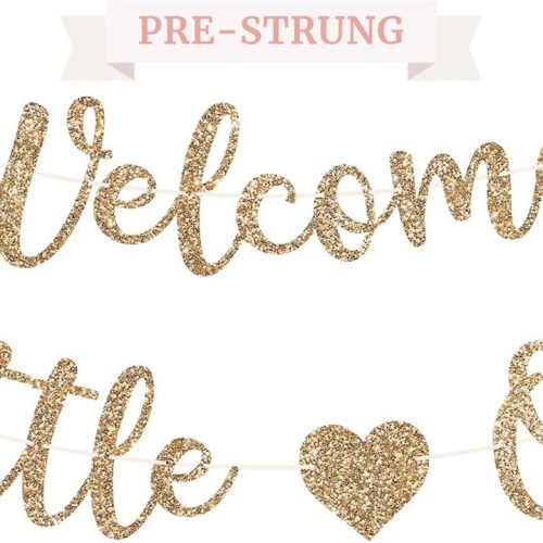 1 Pre-strung Welcome Little One Banner - No DIY - Gold Glitter Baby Shower Gender Reveal Party Banner in Script - Pre-strung Garland on 6 ft Strand - Neutral Decorations & Decor. Did We Mention No DIY