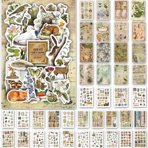 1 Vintage Aesthetic Washi Stickers and Papers for Scrapbooking, 40 Sheets Ephemera Book for Art Journaling with Nature Forest Theme Stickers and Decoupage Papers for Junk Journal