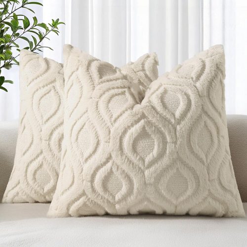 1 Spring Throw Pillow Covers 18x18 Inch Set of 2, Soft Plush Faux Wool Beige Solid Couch Pillow Covers, Accent Farmhouse Neutral Square Pillow Cases for Sofa Bed Living Room
