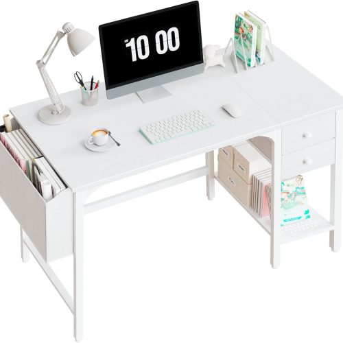 1 White Small Desk with Drawers - 40 Inch Computer Desk for Small Space Home Office, Modern Simple Study Writing Table PC Desks