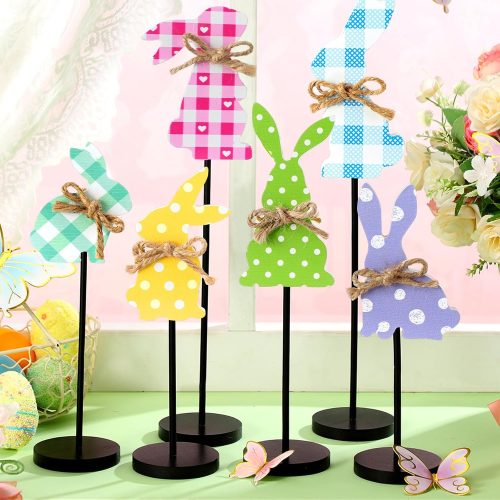 1 6 Pcs Easter Table Decorations Easter Bunny Table Wooden Signs Rabbit Tall Standing Block Easter Table Centerpiece Tiered Tray Decor Farmhouse Spring Easter Party Tabletop Decor