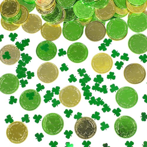 1 St. Patrick's Day Table Decorations, 120 Pcs Plastic Good Luck Coins and 1 Oz Shamrock Clover Confetti Sprinkles for Irish Party Decoration Favors Supplies