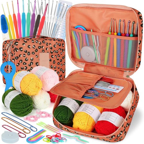 1 Crochet Kit Beginners Crochet Hook Set with Crochet Yarn,58PCS Portable Crochet Set Ergonomic Crochet Hooks Travel Knitting Crochet Supplies