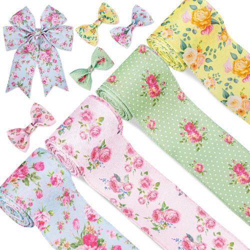 1 Vintage Floral Wired Edge Ribbon Spring Rose Flower Ribbons 4 Rolls Summer Floral Fabric Decorative Craft Ribbon for Mother's Day Gift Wrapping Decor Bow Sewing Wreath Crafts, 20 Yard x 2.5 in