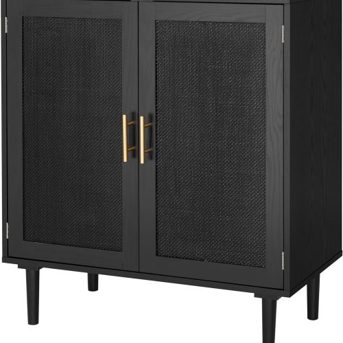 Sideboard Buffet Kitchen Storage Cabinet with Black Painted Rattan Decorated Doors, Dining Room, Hallway, Cupboard Console Table, Liquor/Accent Cabinet, 31.5X 15.8X 34.6 Inches, Black