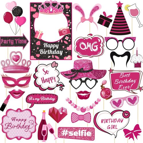 1 Hot Pink Girls Birthday Photo Booth Props Kit - 30 Pieces Pink Princess Doll Theme Birthday Party Decorations Favors Supplies, Glitter Cute Bday Designs for Women or Girls Selfie Photoshoot