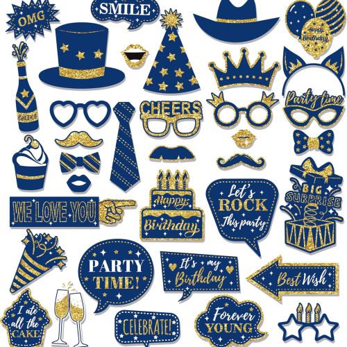 1 36Pcs Blue Happy Birthday Photo Booth Props, Glitter Birthday Party Decorations, Letter Print Card Material, Perfect for Forever Young Cheers Party Time