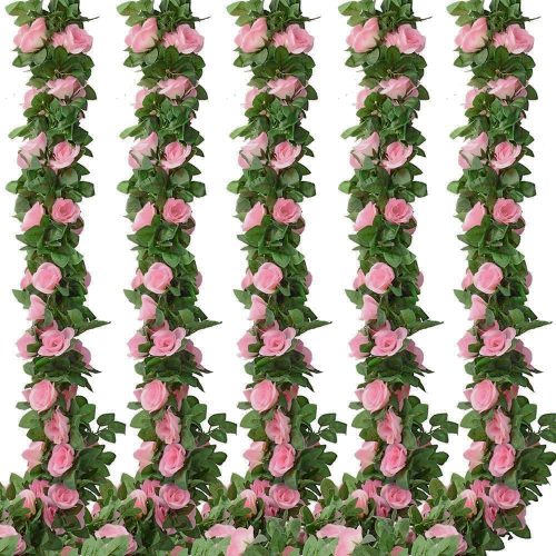 1 5pack Flower Garland Artificial Fake Rose Garland Vine Artificial Flowers for Decoration Floral Garlands Decor-Total 41 Ft (Pink)