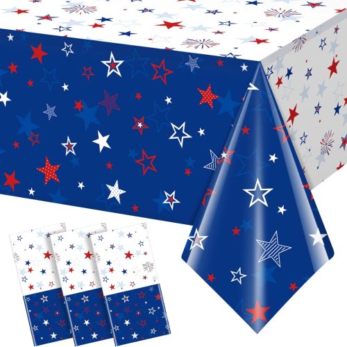1 3 Pack Patriotic Tablecloth Decorations for 4th of July Independence Day, Plastic Memorial Day Table Cover Printed with Stars and Fireworks for Patriotic Themed Party Supplies, 54 x 108 Inch